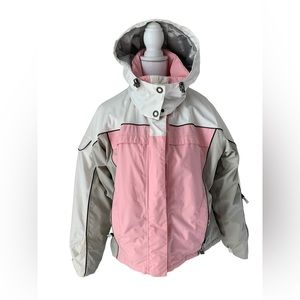 NILS Skiwear Snowboard Jacket Parka Pink White Grey Size 10 Hooded Coat